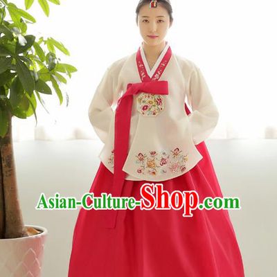 Korean Traditional Wedding Bride Hanbok White Blouse and Pink Dress Garment Asian Korea Fashion Costume for Women
