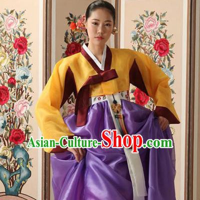 Korean Traditional Court Queen Hanbok Yellow Blouse and Purple Dress Garment Asian Korea Fashion Costume for Women
