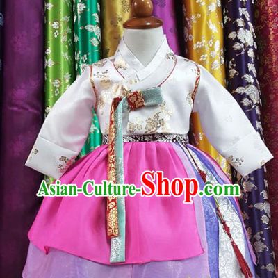 Korean Traditional Girls Birthday Hanbok White Blouse and Rosy Dress Garment Asian Korea Fashion Costume for Kids