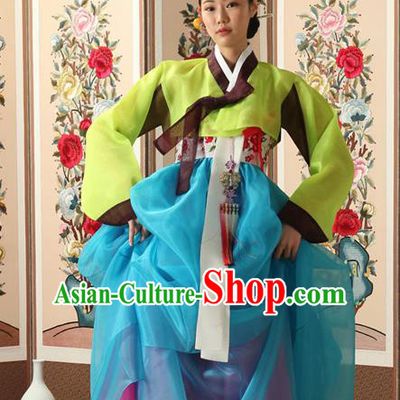 Korean Traditional Court Queen Hanbok Green Blouse and Blue Dress Garment Asian Korea Fashion Costume for Women