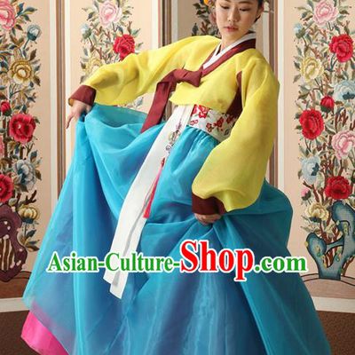 Korean Traditional Court Queen Hanbok Yellow Blouse and Blue Dress Garment Asian Korea Fashion Costume for Women