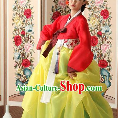 Korean Traditional Court Queen Hanbok Red Blouse and Yellow Dress Garment Asian Korea Fashion Costume for Women