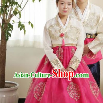 Korean Traditional Wedding Bride Hanbok White Blouse and Pink Dress Garment Asian Korea Fashion Costume for Women