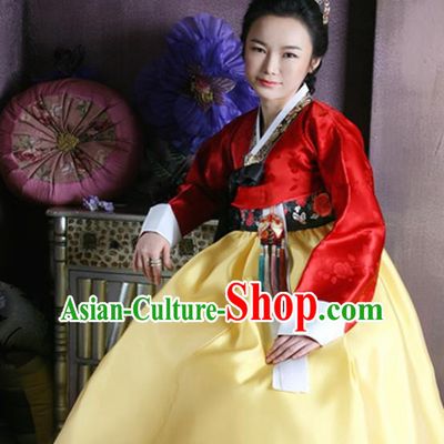 Korean Traditional Dance Hanbok Red Blouse and Yellow Dress Garment Asian Korea Fashion Costume for Women
