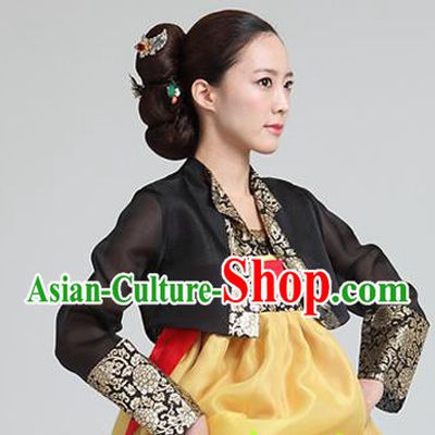 Korean Traditional Dance Hanbok Black Blouse and Yellow Dress Garment Asian Korea Fashion Costume for Women