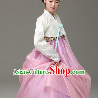 Korean Traditional Dance Hanbok White Blouse and Pink Dress Garment Asian Korea Fashion Costume for Women