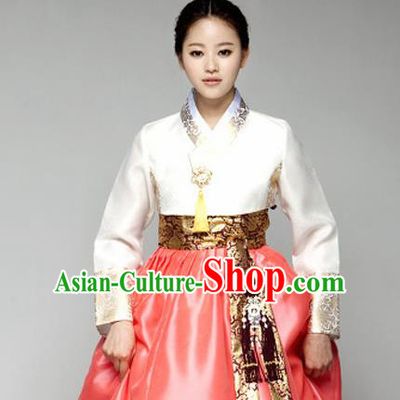 Korean Traditional Court Hanbok White Blouse and Orange Dress Garment Asian Korea Fashion Costume for Women