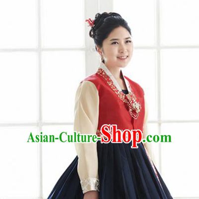 Korean Traditional Court Hanbok Red Blouse and Navy Dress Garment Asian Korea Fashion Costume for Women