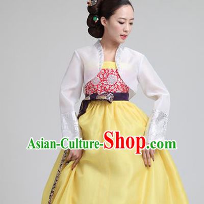 Korean Traditional Court Hanbok White Blouse and Yellow Dress Garment Asian Korea Fashion Costume for Women