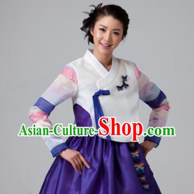 Korean Traditional Court Hanbok White Blouse and Purple Dress Garment Asian Korea Fashion Costume for Women