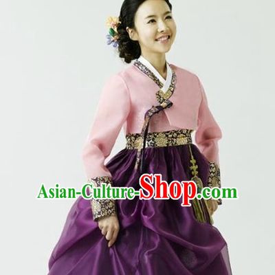 Korean Traditional Court Hanbok Pink Blouse and Purple Dress Garment Asian Korea Fashion Costume for Women