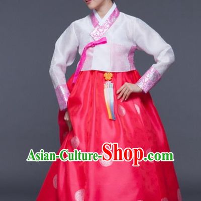 Korean Traditional Court Hanbok White Blouse and Rosy Dress Garment Asian Korea Fashion Costume for Women