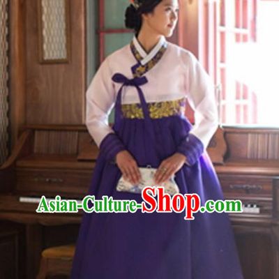 Korean Traditional Court Hanbok White Blouse and Purple Dress Garment Asian Korea Fashion Costume for Women