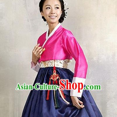 Korean Traditional Court Hanbok Rosy Satin Blouse and Navy Dress Garment Asian Korea Fashion Costume for Women