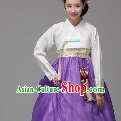 Korean Traditional Court Hanbok White Satin Blouse and Purple Dress Garment Asian Korea Fashion Costume for Women