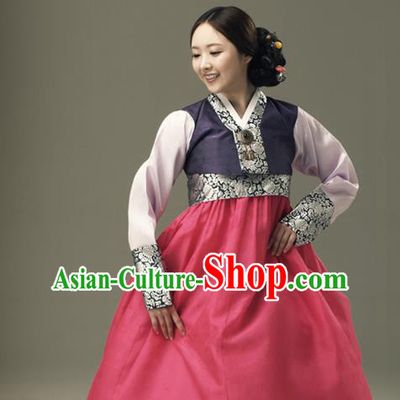 Korean Traditional Court Hanbok Purple Satin Blouse and Rosy Dress Garment Asian Korea Fashion Costume for Women