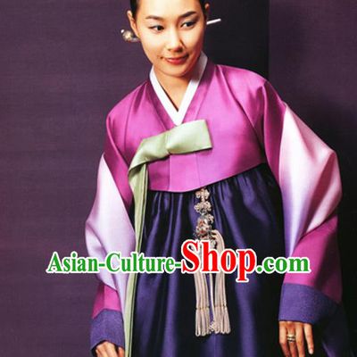 Korean Traditional Court Hanbok Rosy Satin Blouse and Navy Dress Garment Asian Korea Fashion Costume for Women