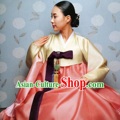 Korean Traditional Court Hanbok Yellow Satin Blouse and Orange Dress Garment Asian Korea Fashion Costume for Women