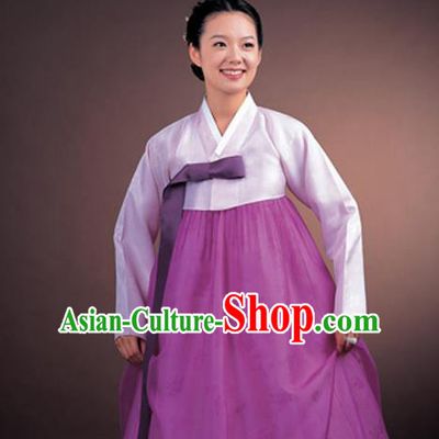 Korean Traditional Court Hanbok Lilac Satin Blouse and Purple Dress Garment Asian Korea Fashion Costume for Women