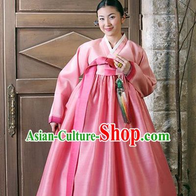 Korean Traditional Court Hanbok Pink Satin Blouse and Dress Garment Asian Korea Fashion Costume for Women