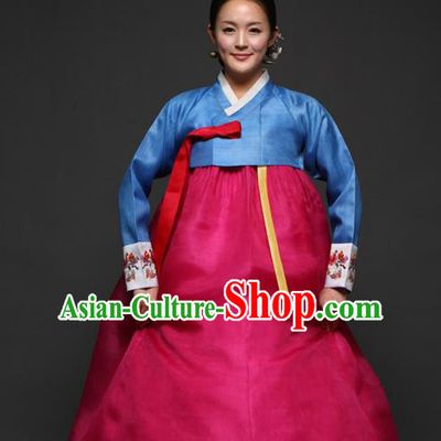 Korean Traditional Court Hanbok Blue Satin Blouse and Rosy Dress Garment Asian Korea Fashion Costume for Women