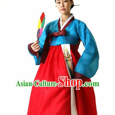 Korean Traditional Court Hanbok Blue Blouse and Red Dress Garment Asian Korea Fashion Costume for Women