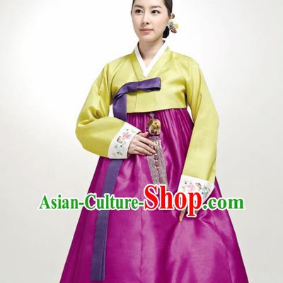 Korean Traditional Court Hanbok Yellow Satin Blouse and Purple Dress Garment Asian Korea Fashion Costume for Women