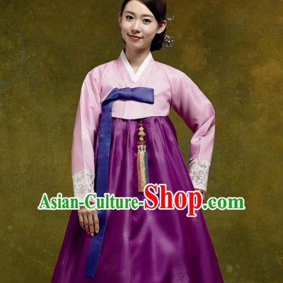 Korean Traditional Court Hanbok Pink Satin Blouse and Purple Dress Garment Asian Korea Fashion Costume for Women
