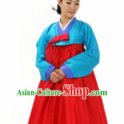 Korean Traditional Court Hanbok Blue Blouse and Red Dress Garment Asian Korea Fashion Costume for Women