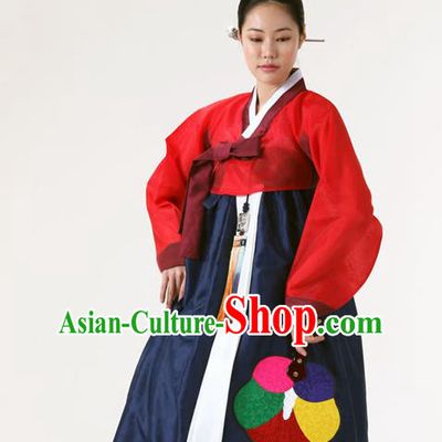 Korean Traditional Court Hanbok Red Blouse and Navy Dress Garment Asian Korea Fashion Costume for Women