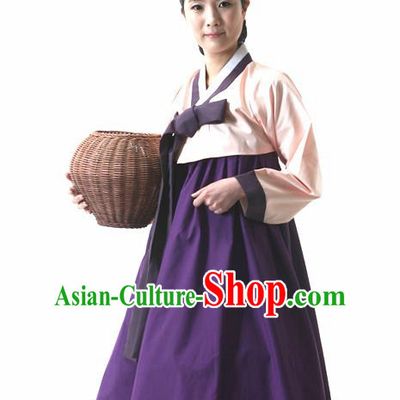 Korean Traditional Court Hanbok Champagne Blouse and Purple Dress Garment Asian Korea Fashion Costume for Women