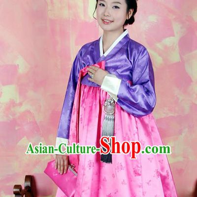 Korean Traditional Mother Hanbok Purple Blouse and Pink Dress Garment Asian Korea Fashion Costume for Women