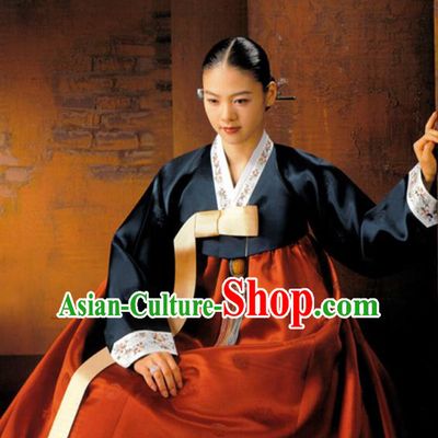 Korean Traditional Hanbok Court Navy Blouse and Red Dress Garment Asian Korea Fashion Costume for Women