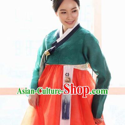 Korean Traditional Hanbok Green Blouse and Orange Dress Garment Asian Korea Fashion Costume for Women