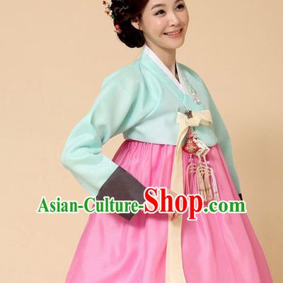 Korean Traditional Court Hanbok Blue Blouse and Pink Dress Garment Asian Korea Fashion Costume for Women