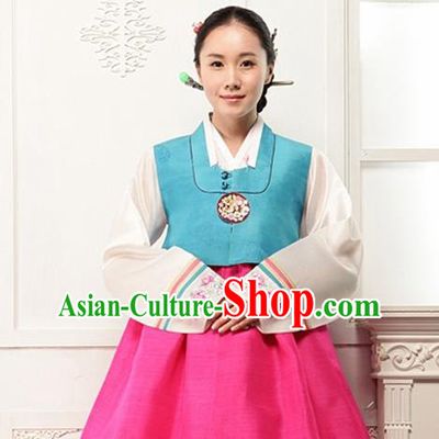 Korean Traditional Court Hanbok Blue Vest Blouse and Pink Dress Garment Asian Korea Fashion Costume for Women