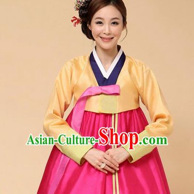 Korean Traditional Court Hanbok Yellow Blouse and Rosy Dress Garment Asian Korea Fashion Costume for Women