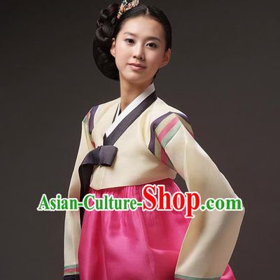 Korean Traditional Court Hanbok Beige Blouse and Pink Dress Garment Asian Korea Fashion Costume for Women