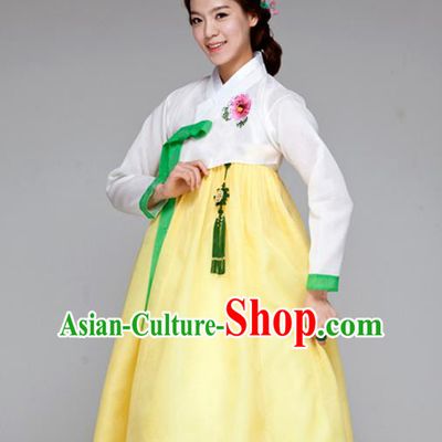 Korean Traditional Court Hanbok White Blouse and Yellow Dress Garment Asian Korea Fashion Costume for Women
