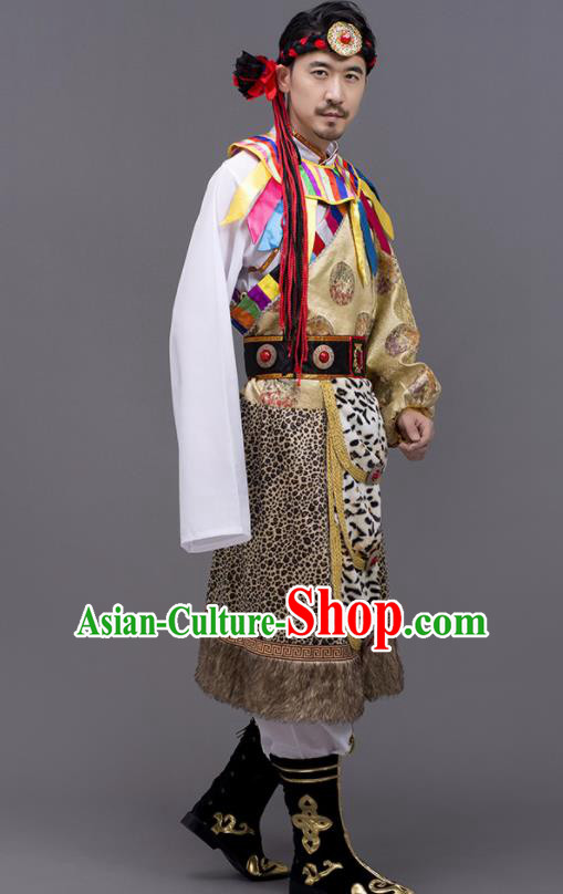 Chinese Traditional Zang Nationality Garment Tibetan Folk Dance Costume for Men Chinese Traditional Zang Nationality Garment Tibetan Folk Dance Costume for Men