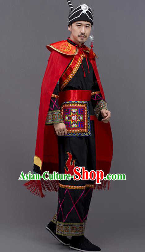 Chinese Traditional Yi Nationality Black Garment Ethnic Folk Dance Costume for Men