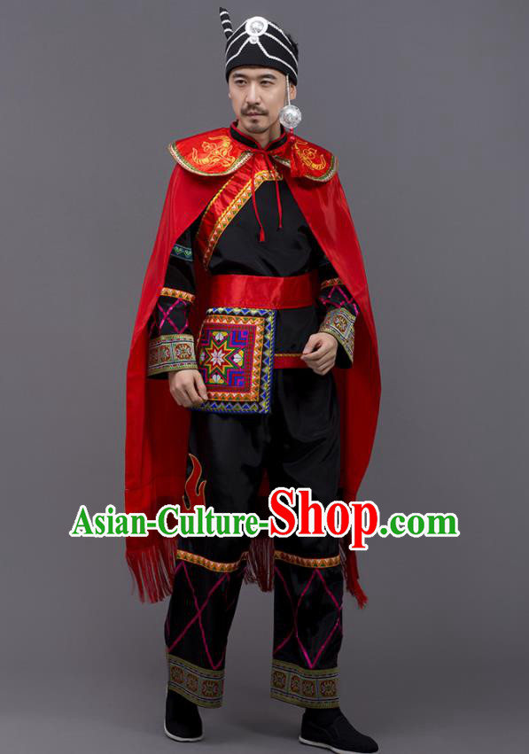 Chinese Traditional Yi Nationality Black Garment Ethnic Folk Dance Costume for Men