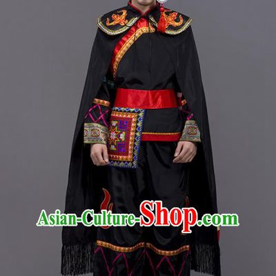 Chinese Traditional Yi Nationality Wedding Black Garment Ethnic Folk Dance Costume for Men
