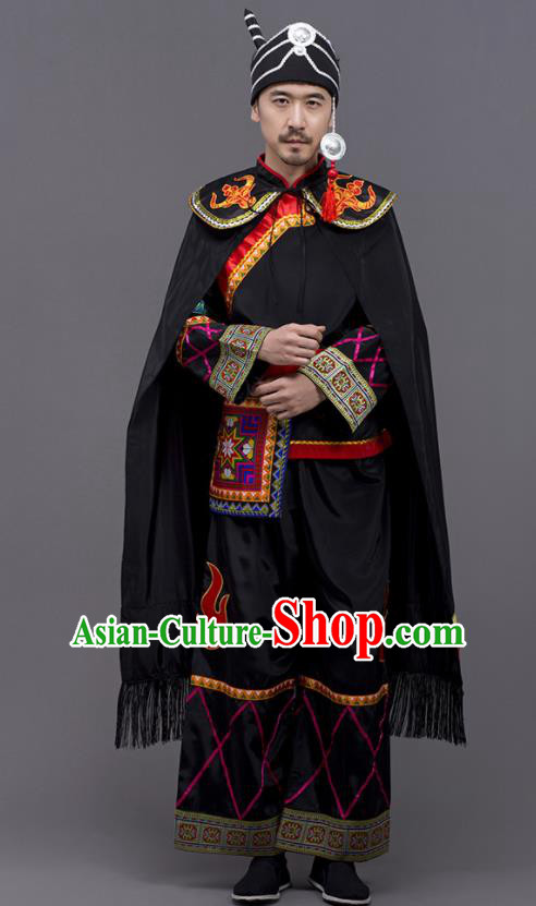 Chinese Traditional Yi Nationality Wedding Black Garment Ethnic Folk Dance Costume for Men Chinese Traditional Yi Nationality Wedding Black Garment Ethnic Folk Dance Costume for Men