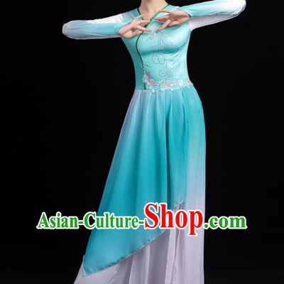 Chinese Traditional Classical Dance Blue Dress Umbrella Dance Stage Performance Costume for Women