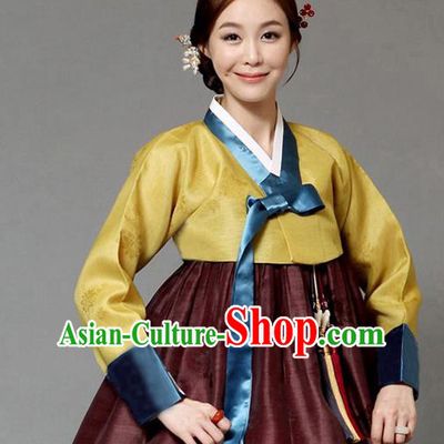Korean Traditional Court Hanbok Ginger Blouse and Brown Dress Garment Asian Korea Fashion Costume for Women