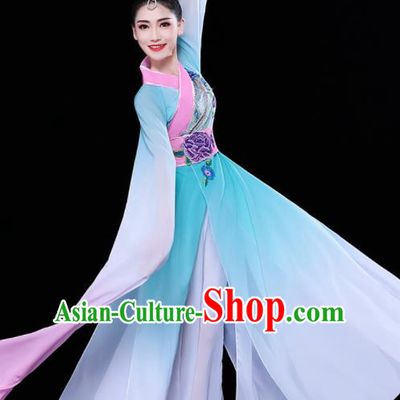 Chinese Traditional Umbrella Dance Water Sleeve Blue Dress Classical Dance Stage Performance Costume for Women