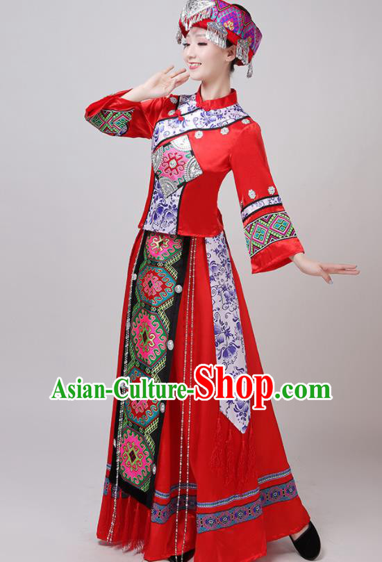 Chinese Traditional Tujia Nationality Red Dress Yi Ethnic Folk Dance Costume for Women Chinese Traditional Tujia Nationality Red Dress Yi Ethnic Folk Dance Costume for Women