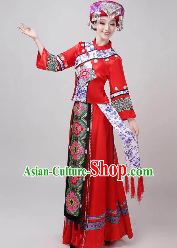 Chinese Traditional Tujia Nationality Red Dress Yi Ethnic Folk Dance Costume for Women Chinese Traditional Tujia Nationality Red Dress Yi Ethnic Folk Dance Costume for Women