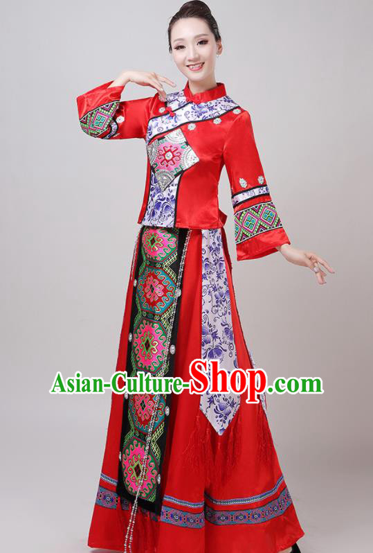 Chinese Traditional Tujia Nationality Red Dress Yi Ethnic Folk Dance Costume for Women Chinese Traditional Tujia Nationality Red Dress Yi Ethnic Folk Dance Costume for Women